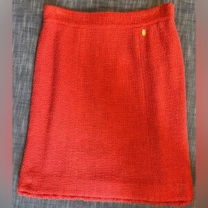 CHANEL Orange Red Coral Vermillion Tweed Skirt Size 40 (8) Fringe- Gorgeous!!
